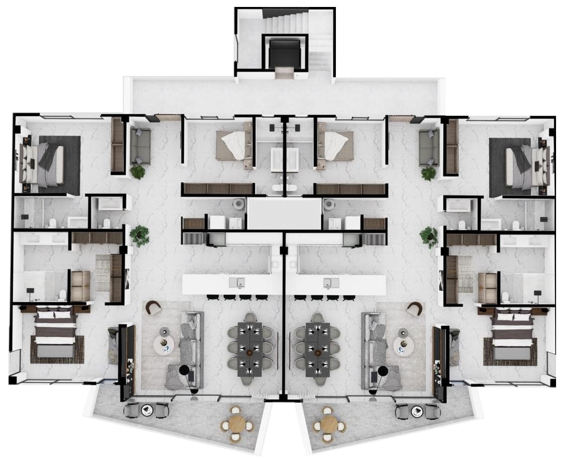 Un primer plano de la sala de estar moderna en una casa. La habitación tiene paredes blancas, suelo de mármol blanco veteado, un sofá seccional de cuero gris oscuro, una mesa de centro de madera oscura y una alfombra estampada. Hay una televisión de pantalla plana montada en la pared y un ventilador de techo de madera. Varias plantas de interior y obras de arte decoran el espacio.